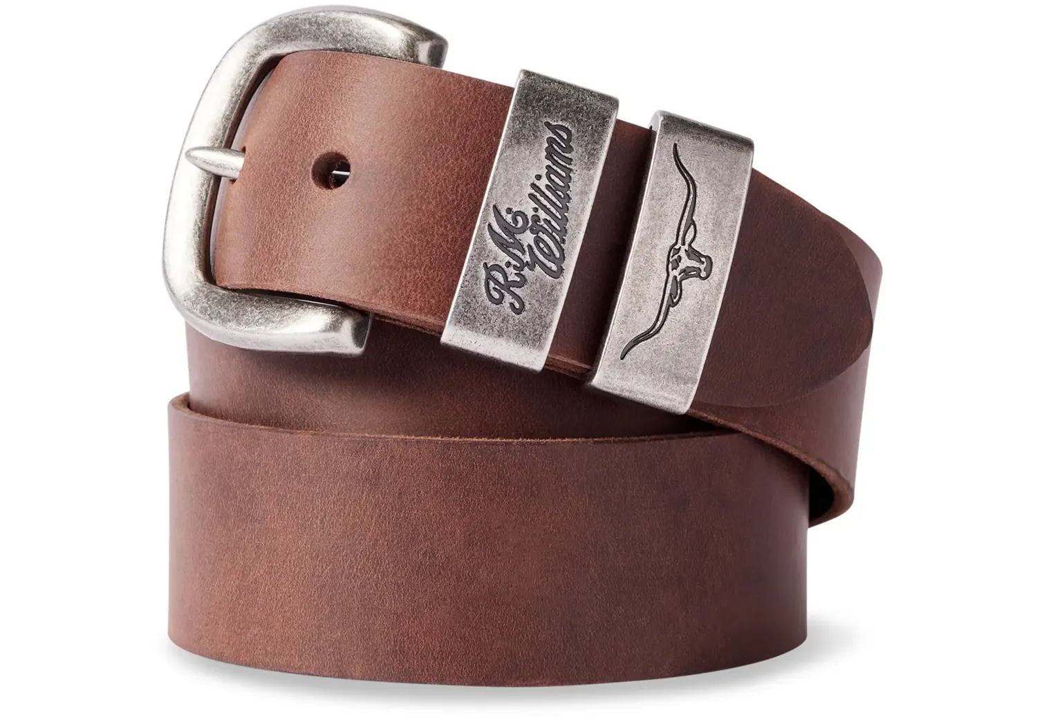 RM Williams Drover Belt Bark Distressed Silver Buckle